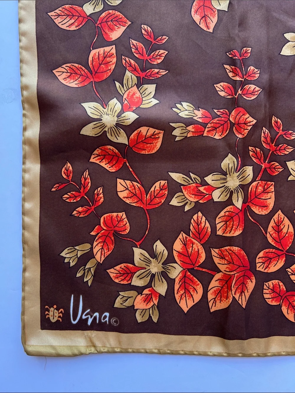 Vintage Vera Neumann Square Scarf in Brown with Orange & Gold Leaves 26” Square